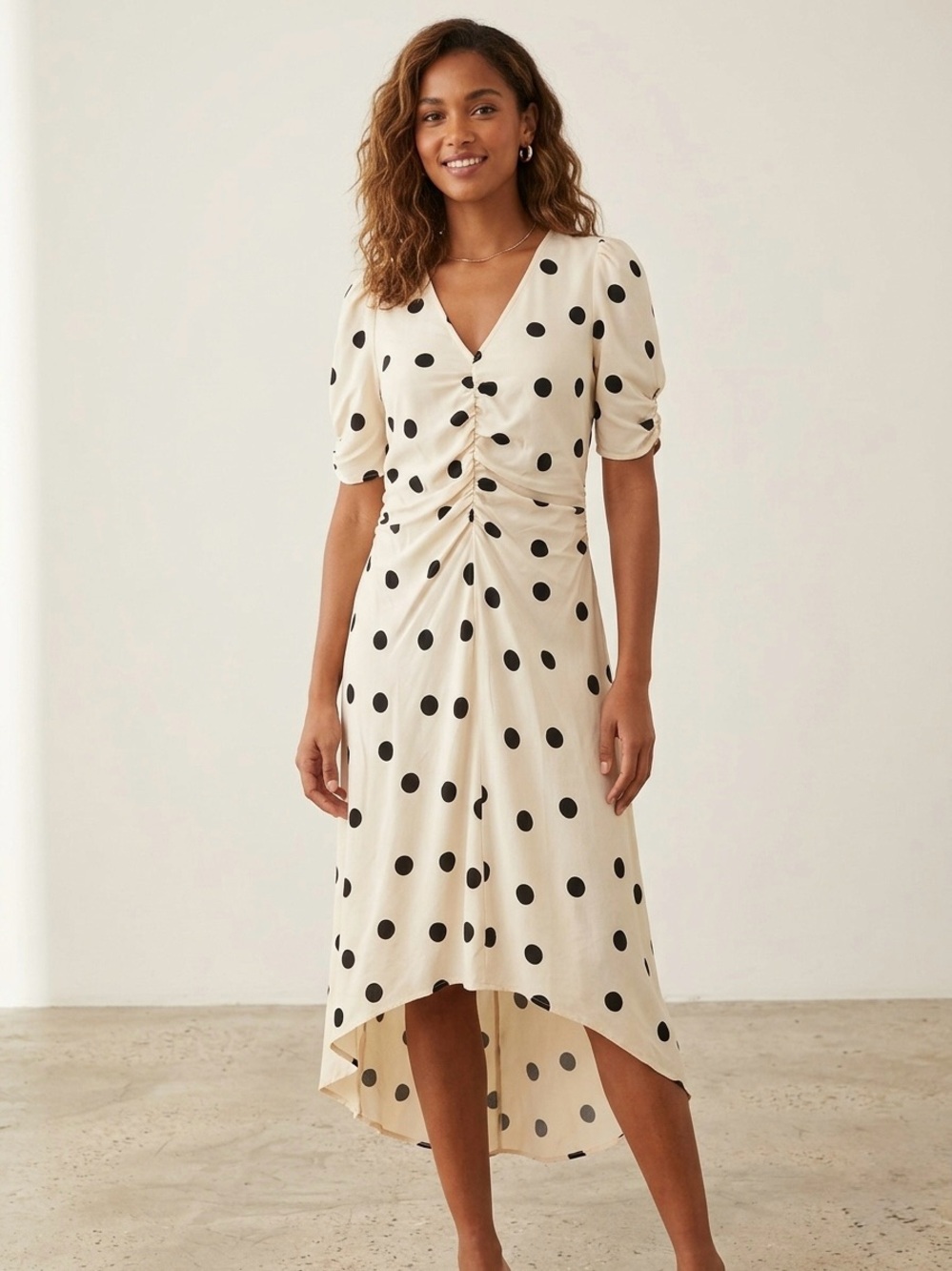 a new day Cream Midi Dress with Black Polka Dots
